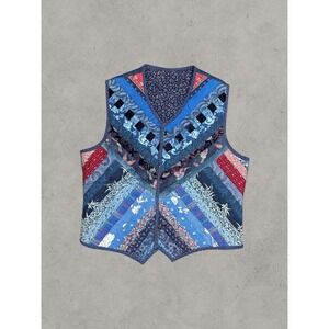 Handmade Patchwork Quilted Vest Blue Floral Paisley Boho Cottagecore Artisan